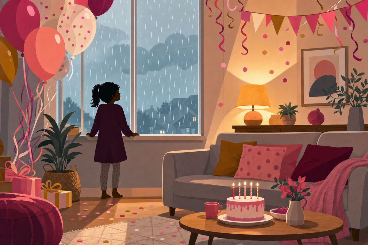 Flat illustration of a cozy indoor birthday party with balloons and cake while rain falls outside the window, representing a rainy-day backup party plan.