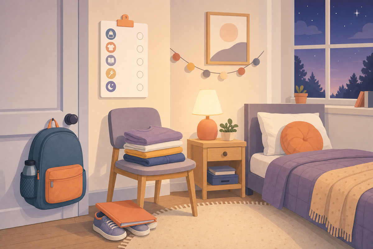 Flat illustration of a child's bedroom at night with a packed backpack, folded clothes, and homework folder laid out for the next school day.