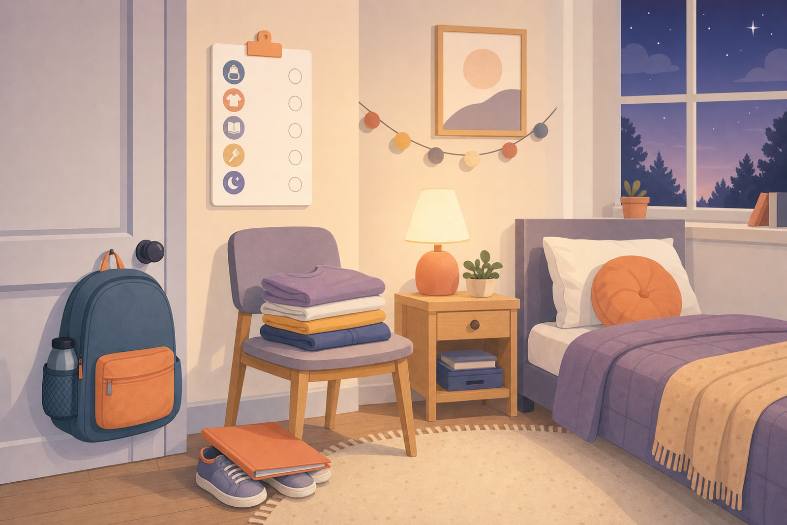 Flat illustration of a child's bedroom at night with a packed backpack, folded clothes, and homework folder laid out for the next school day.
