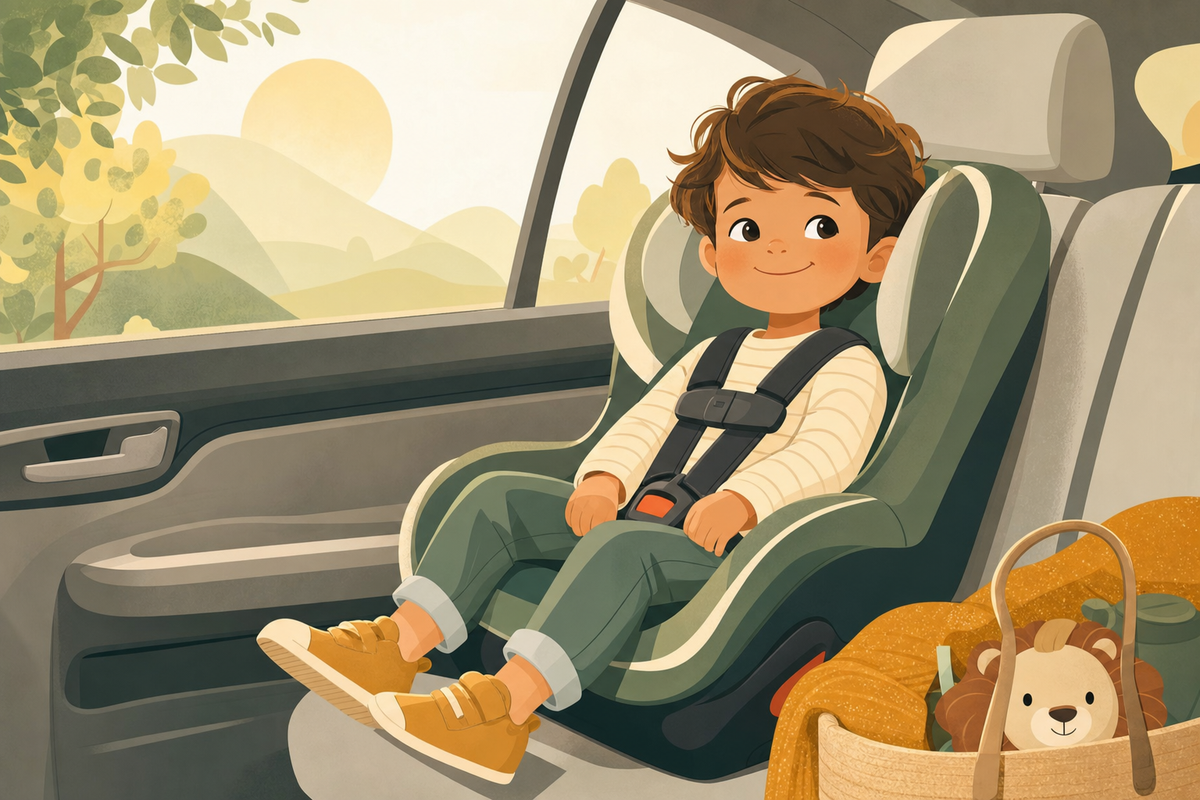 Illustration of a young child sitting happily buckled in a car seat, representing positive car seat cooperation