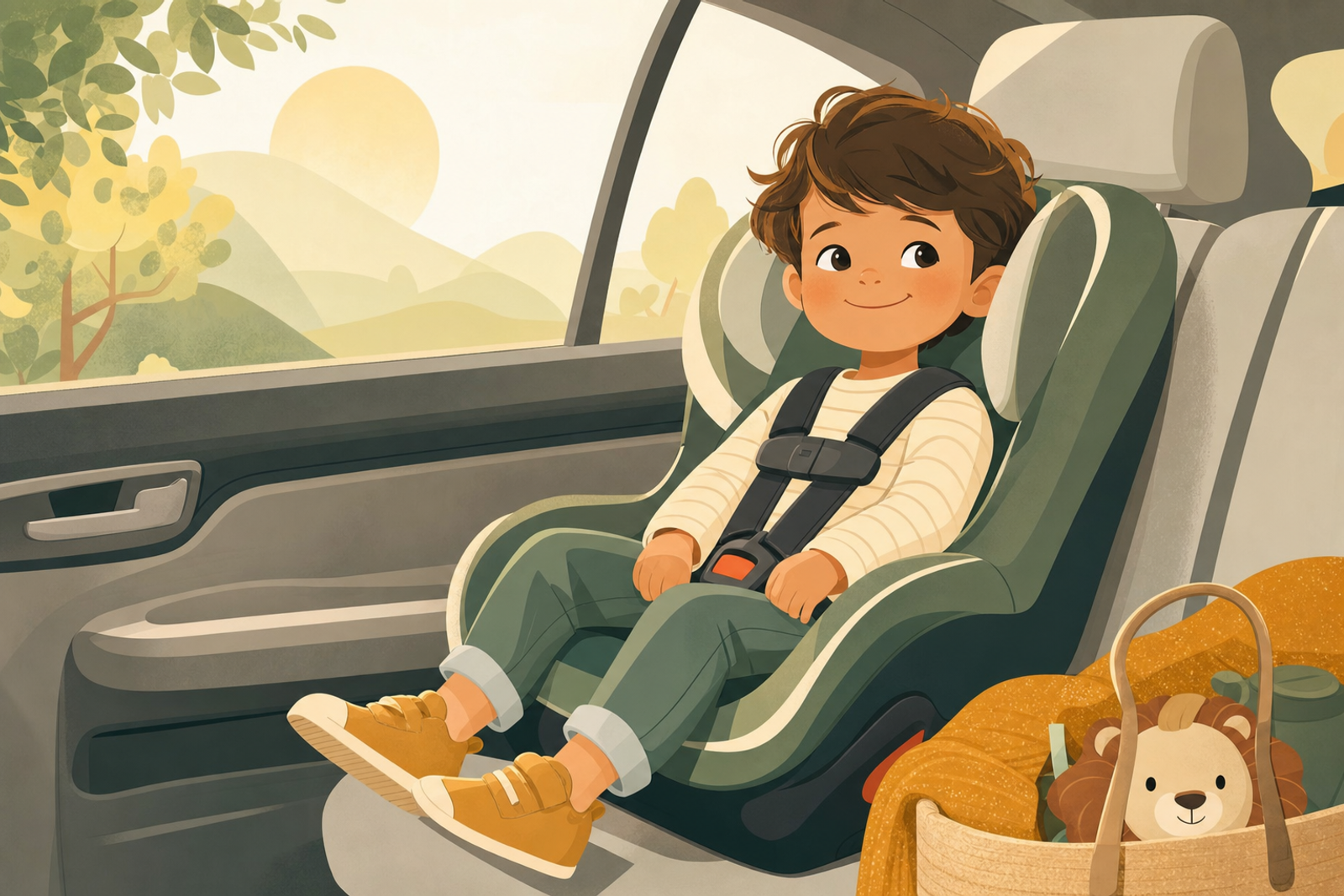 Illustration of a young child sitting happily buckled in a car seat, representing positive car seat cooperation