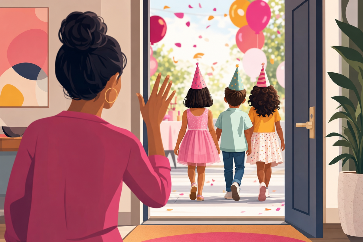 Parent waving goodbye to children arriving at a drop-off birthday party