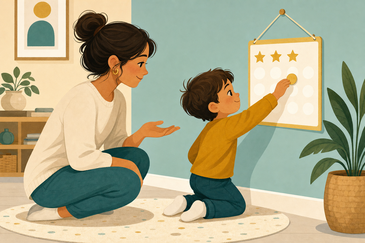 Flat illustration of a parent calmly helping a young child place a gold star sticker on a simple wall chart at home.