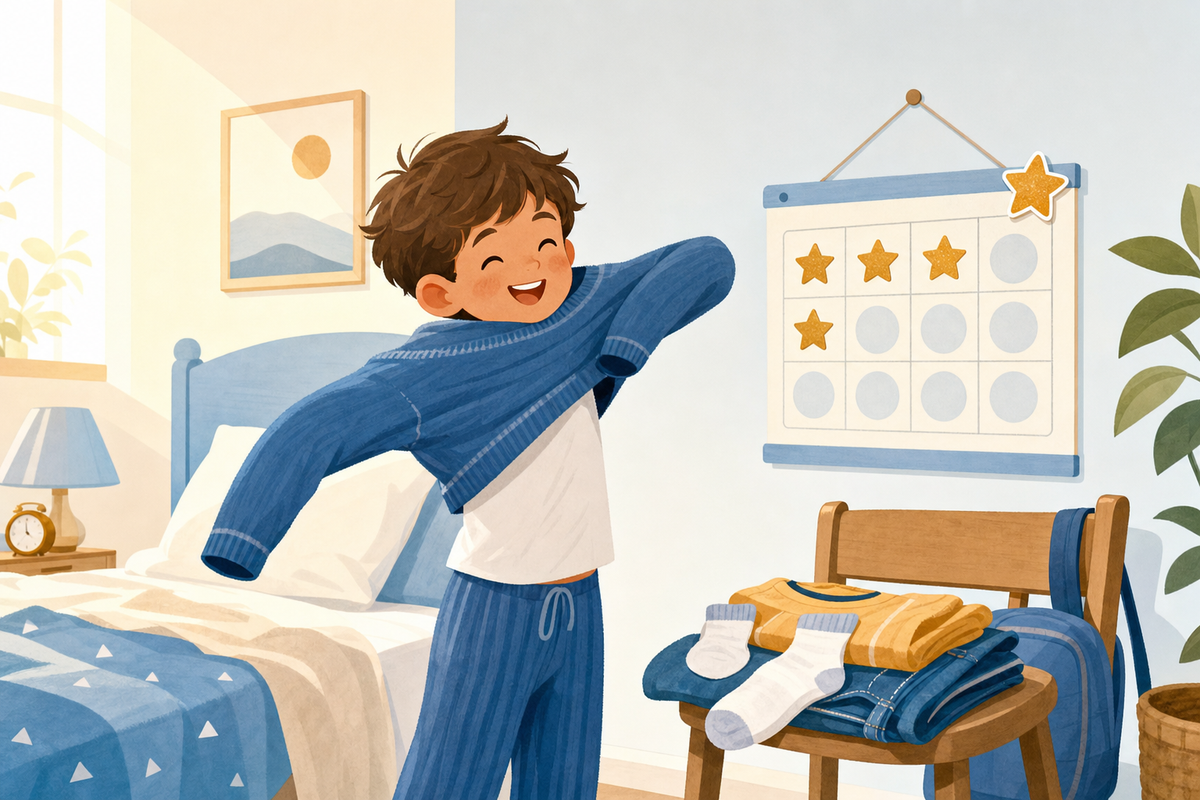 Illustration of a happy child getting dressed independently next to a sticker chart with gold star stickers, symbolizing an end to morning dressing battles.