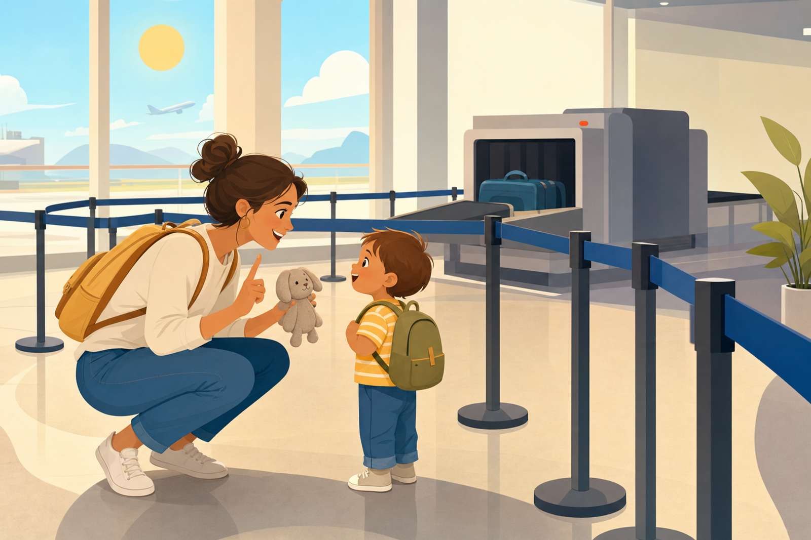 Flat illustration of a parent calmly entertaining a toddler while waiting in an airport security line, using simple screen-free play.