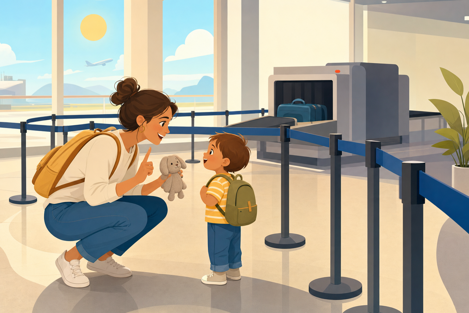 Flat illustration of a parent calmly entertaining a toddler while waiting in an airport security line, using simple screen-free play.
