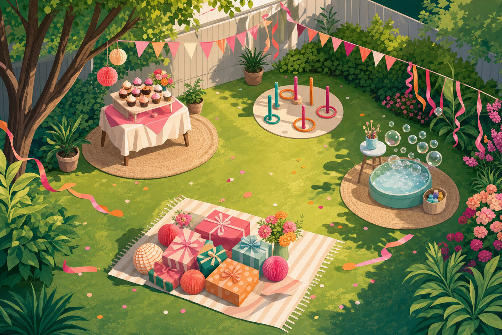 Illustrated overhead view of an organized backyard birthday party setup with activity stations, games, and decorations arranged in a flowing circle