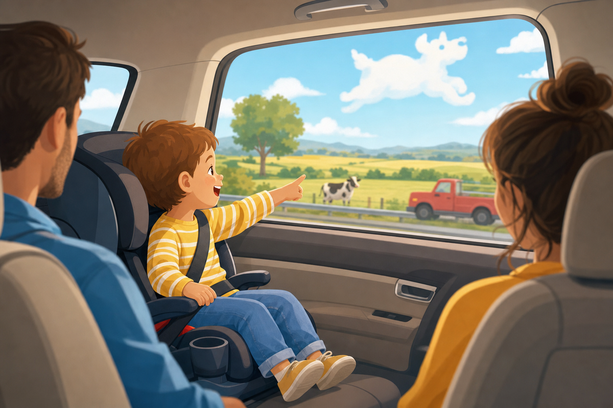 Flat illustration of a young child pointing excitedly out a car window at passing sights during a road trip scavenger hunt.