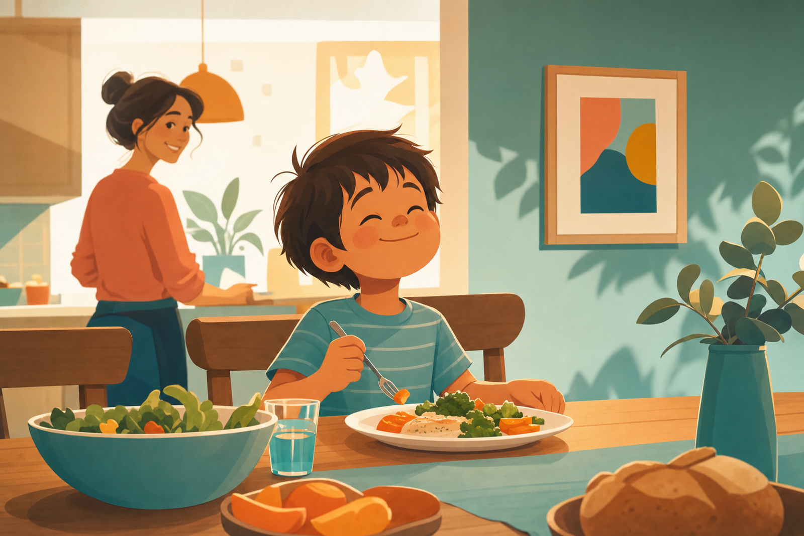 Child sitting happily at dinner table enjoying a calm family mealtime