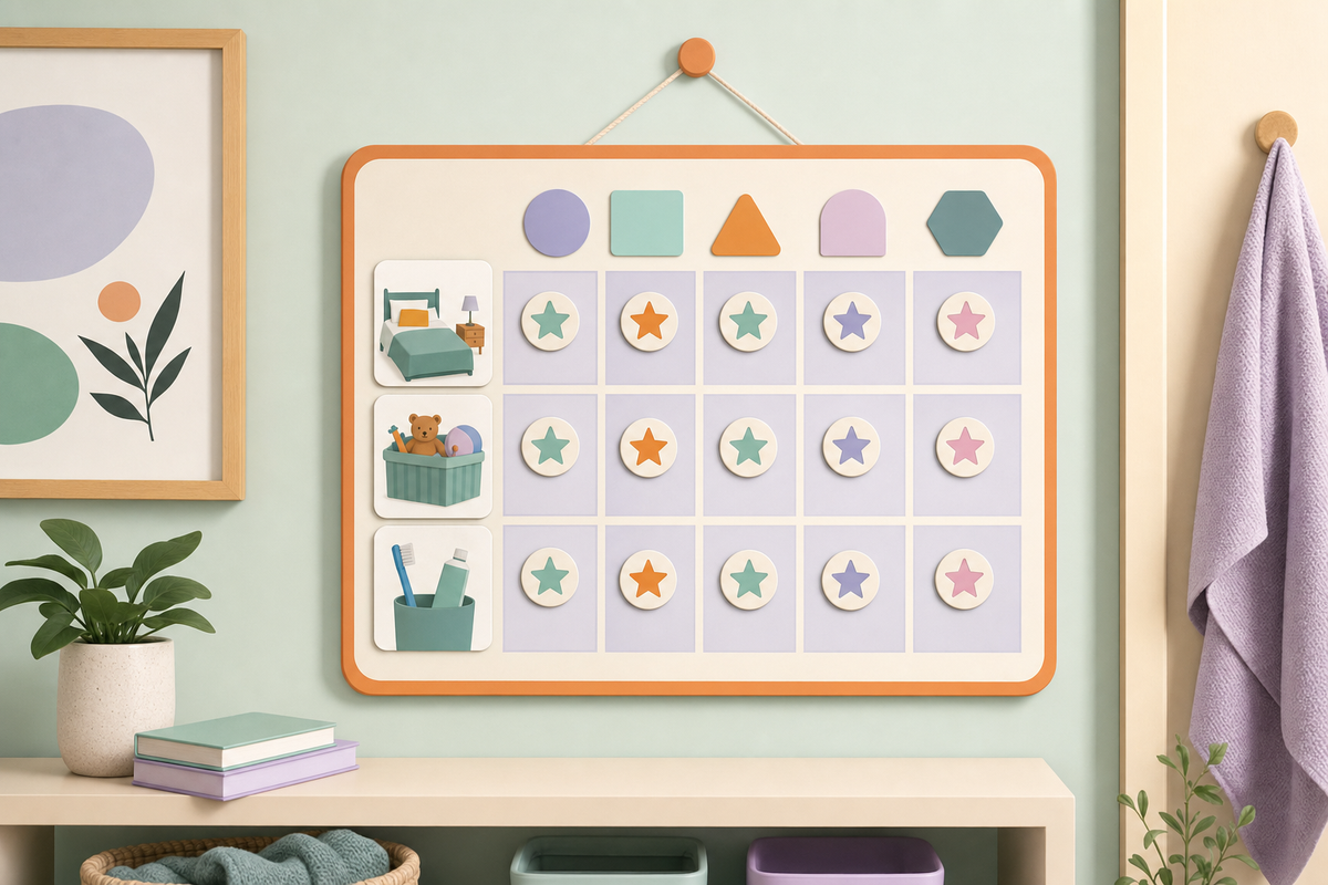 Illustrated visual chore chart with picture-based task cards for young children