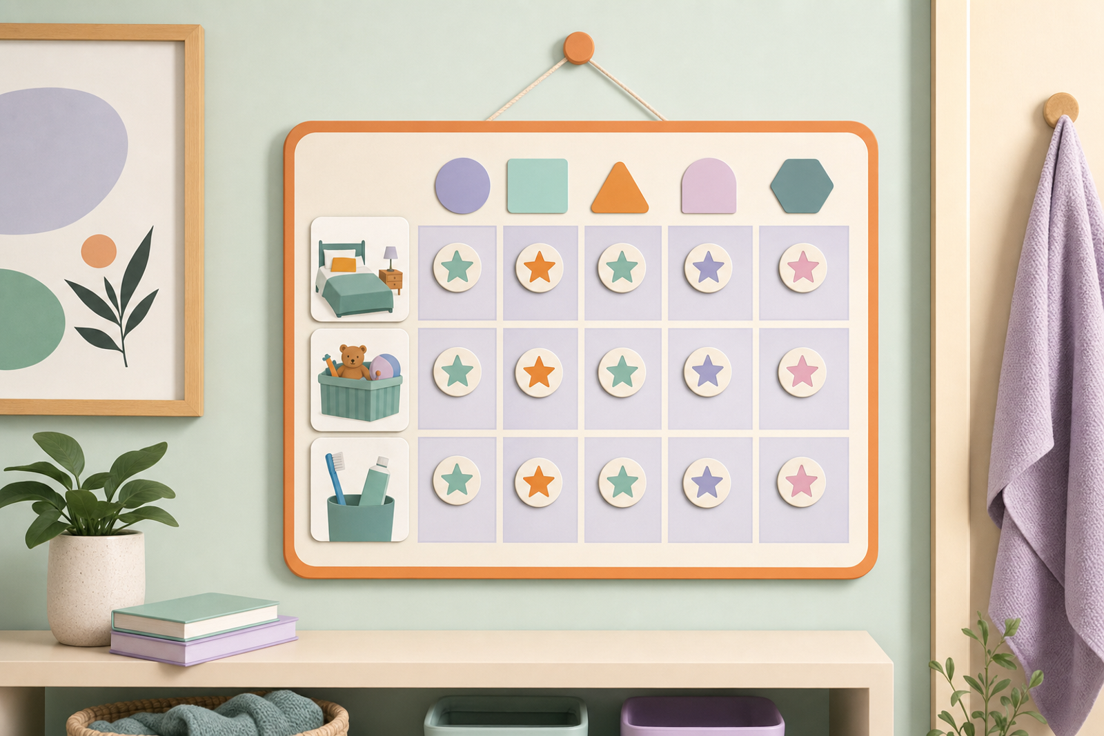 Illustrated visual chore chart with picture-based task cards for young children