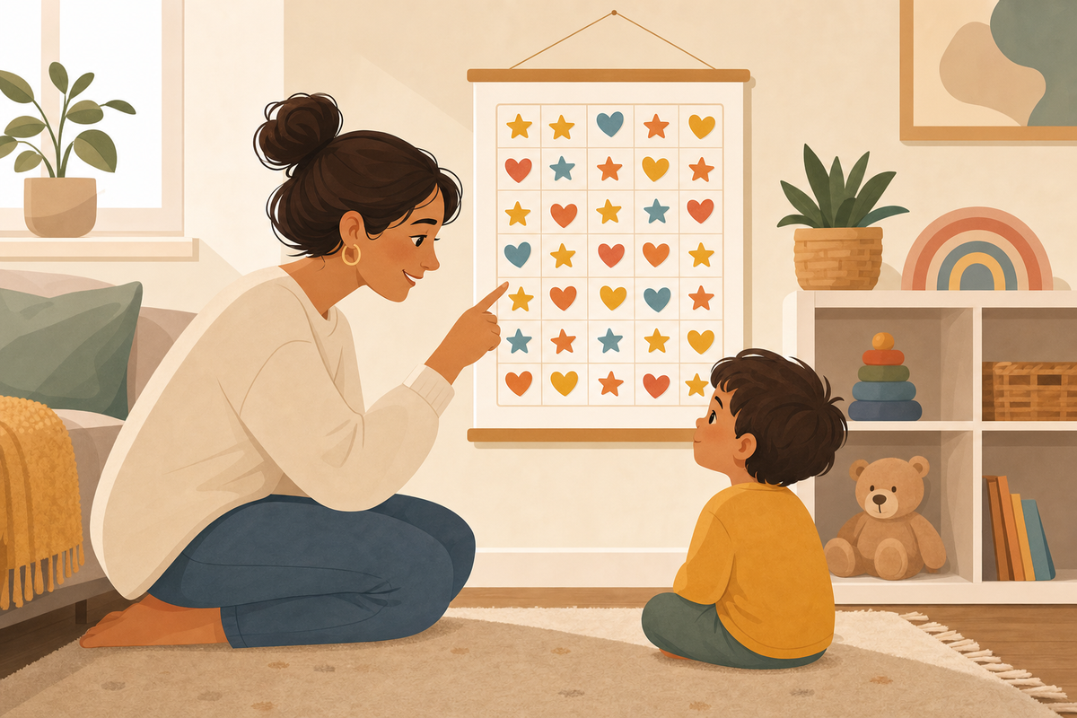 Illustration of a parent calmly connecting with a young child beside a colorful printable sticker chart on the wall.