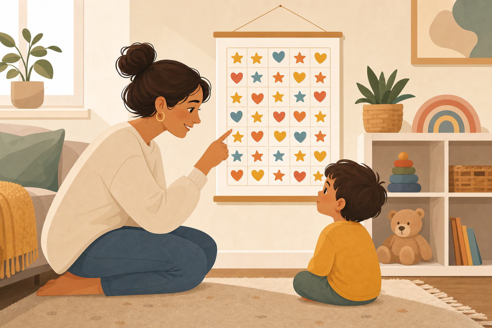 Illustration of a parent calmly connecting with a young child beside a colorful printable sticker chart on the wall.