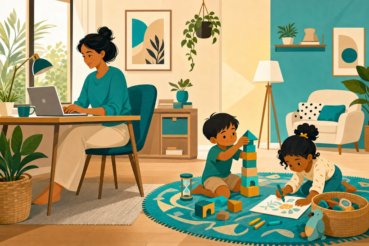Flat illustration of a parent working at a laptop while two children quietly play independently nearby on a rug with blocks and drawing supplies.