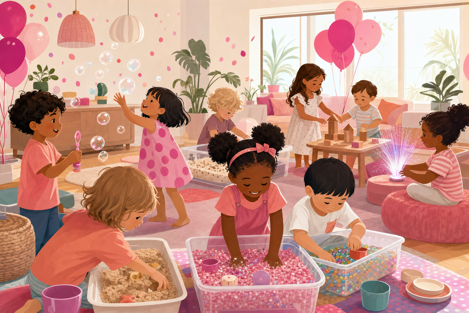 Illustration of children of various ages enjoying sensory-friendly activities at a calm, organized home birthday party with soft textures and gentle festive decorations