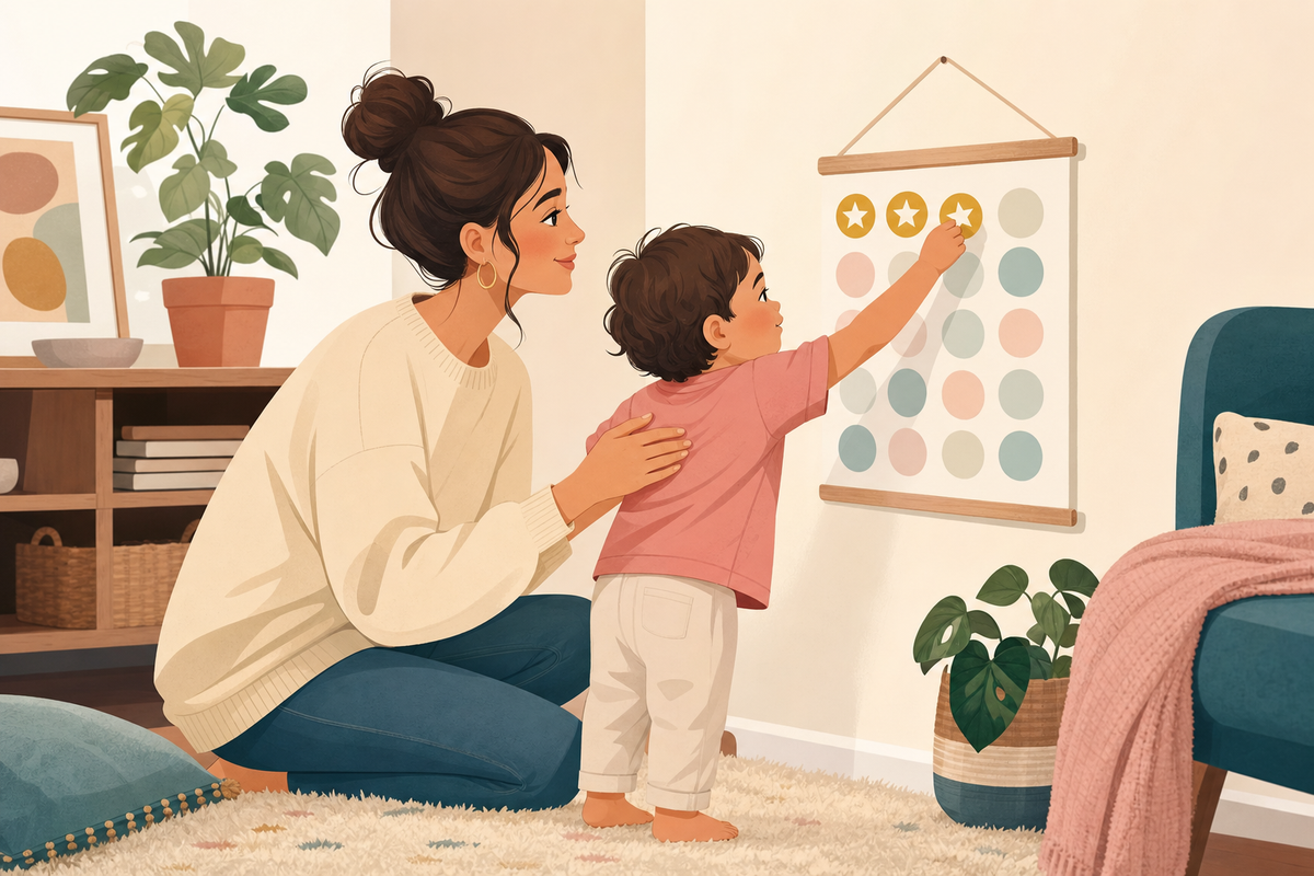 Illustration of a parent calmly helping a toddler place a gold star sticker on a chart in a cozy living room