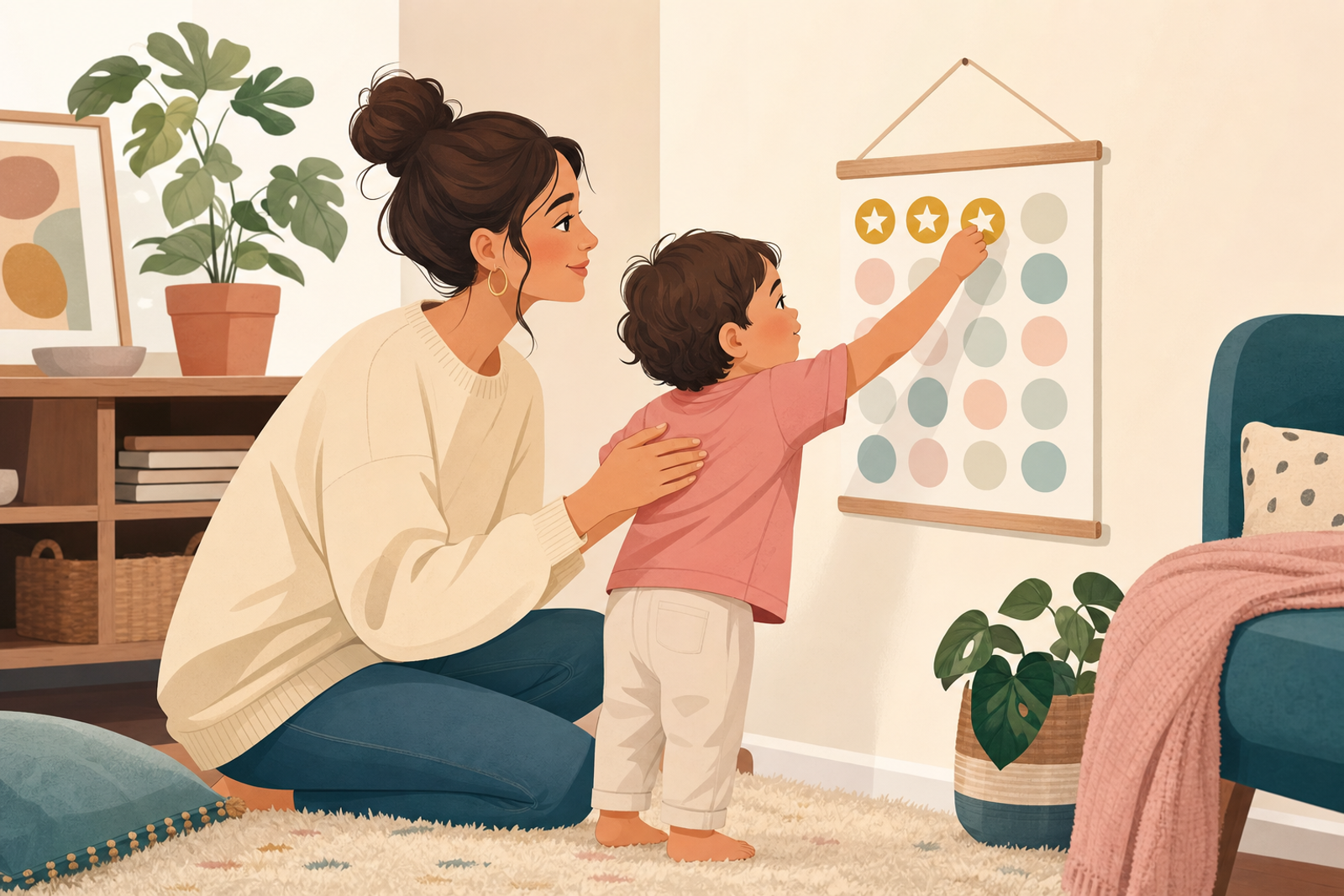 Illustration of a parent calmly helping a toddler place a gold star sticker on a chart in a cozy living room