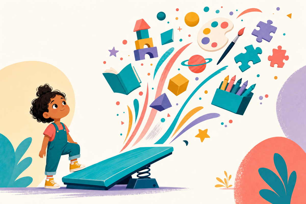 Illustration of a child at the base of a launch ramp with colorful play activity icons floating upward, representing the boredom launch framework