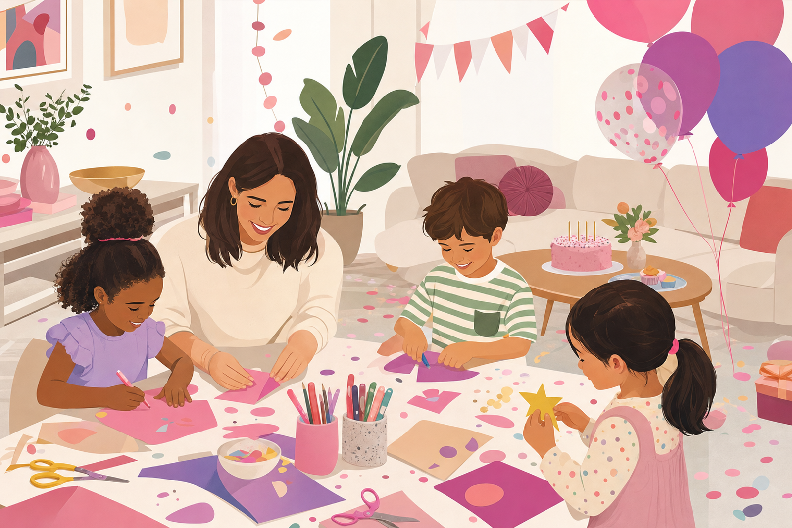 Illustration of a simple at-home birthday party setup with a craft table, balloons, and cake in modern flat style