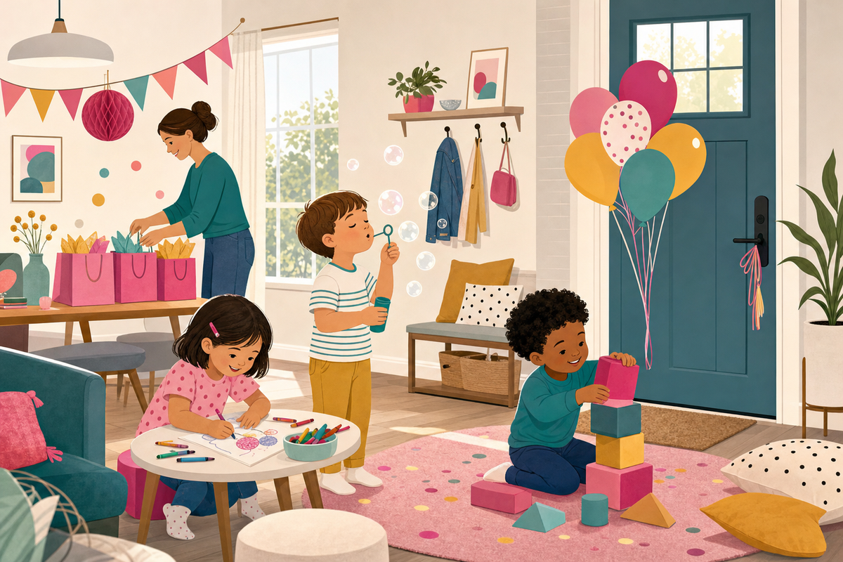 Flat illustration of young children happily doing simple activities like drawing and blowing bubbles near a balloon-decorated front door while waiting for birthday party guests to arrive.