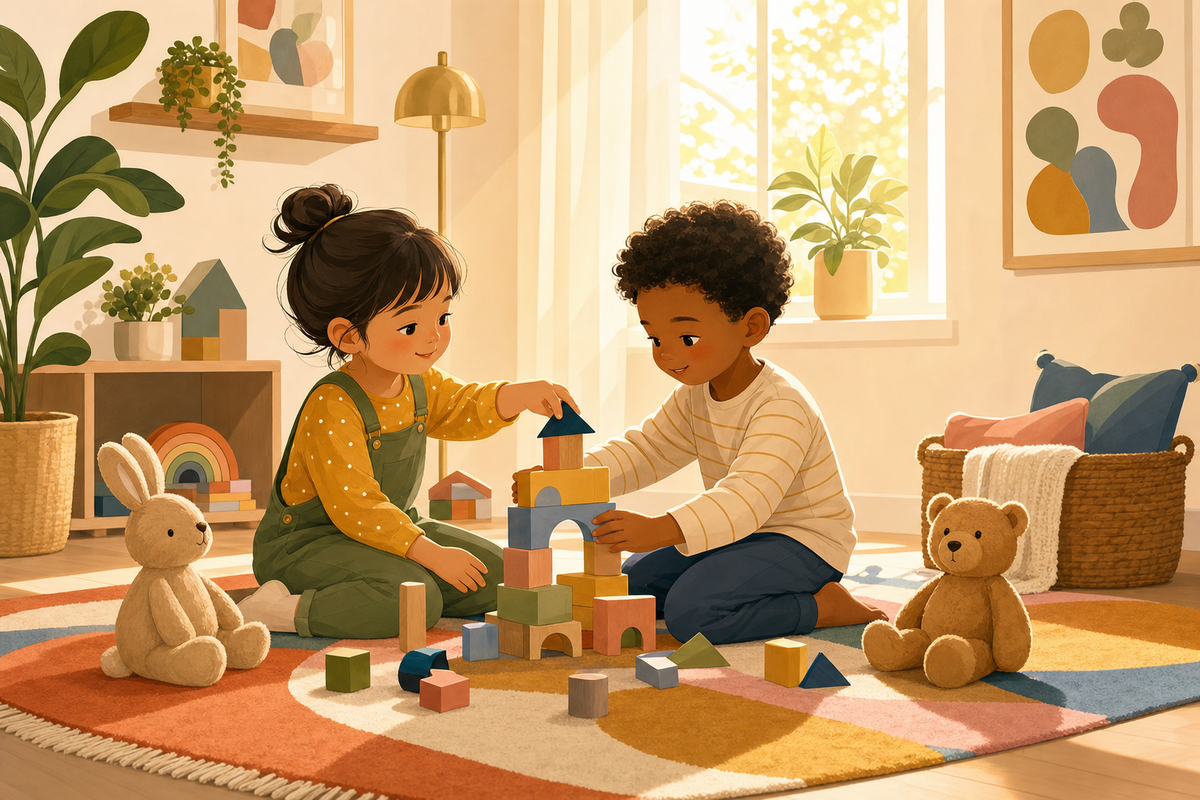 Two children sitting together on a rug, peacefully sharing toys in a warm, sunlit room