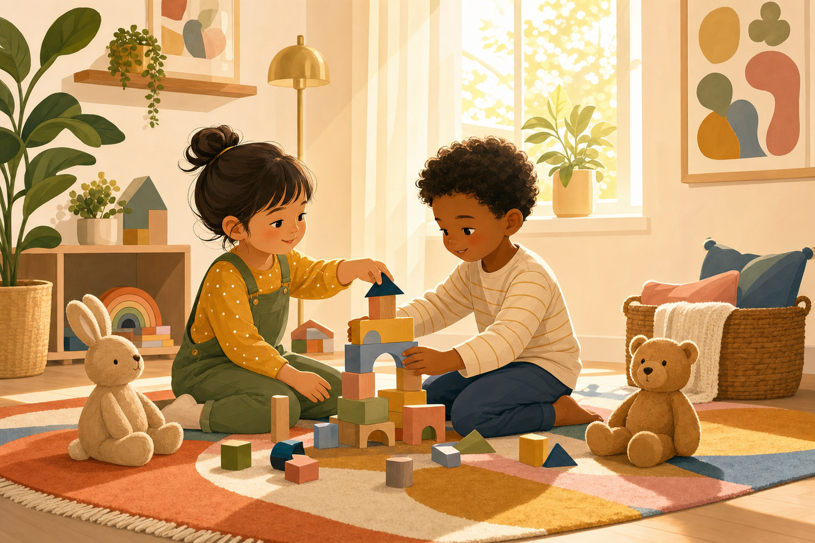 Two children sitting together on a rug, peacefully sharing toys in a warm, sunlit room