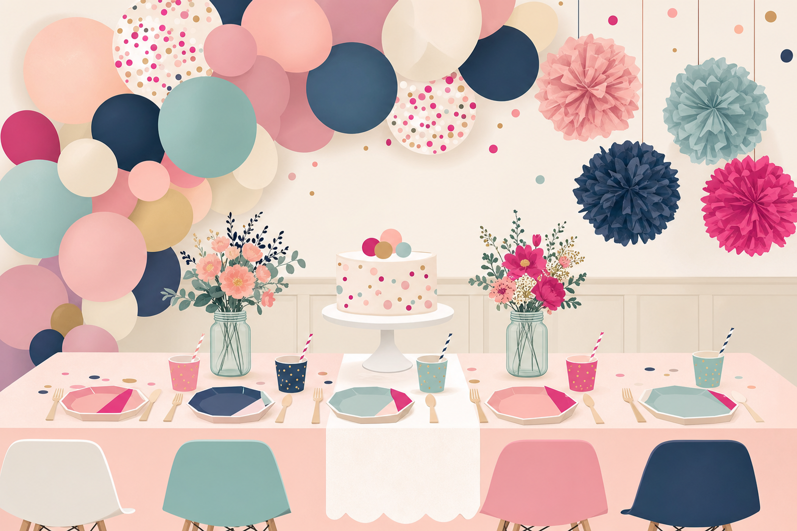Elegant kids birthday party table with sophisticated DIY decorations in soft pastels and confetti pink accents