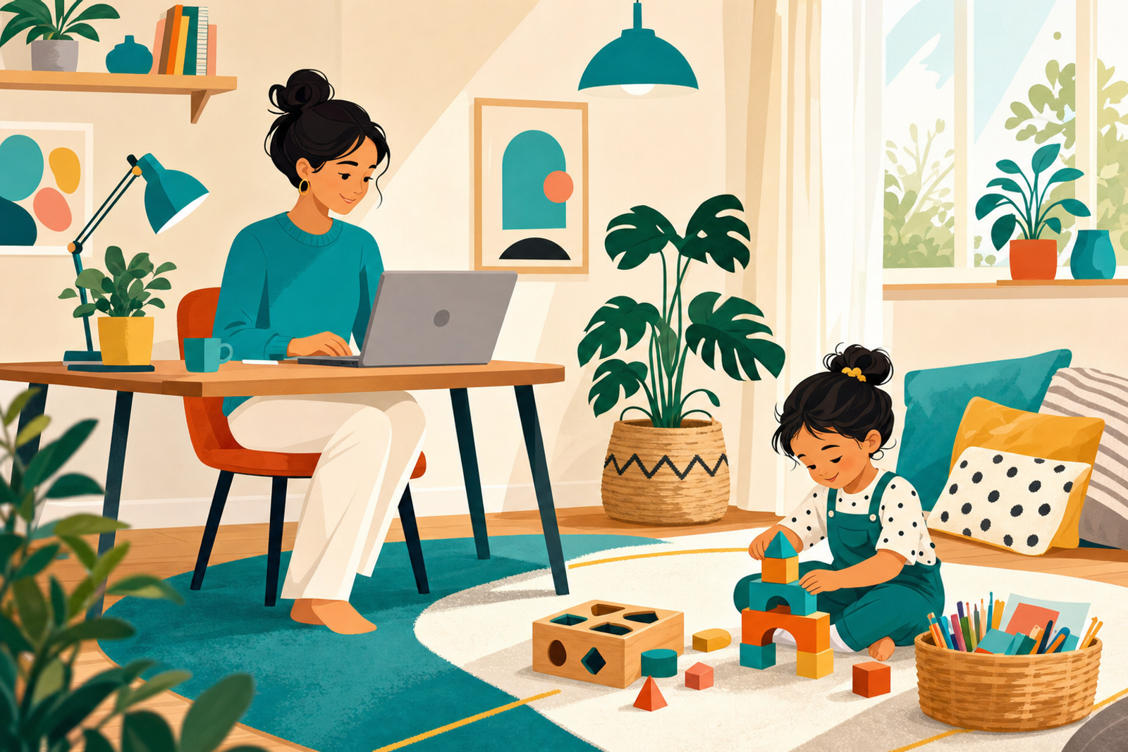 Flat illustration of a parent working calmly at a laptop while a young child plays independently nearby with blocks and toys, no screens involved.