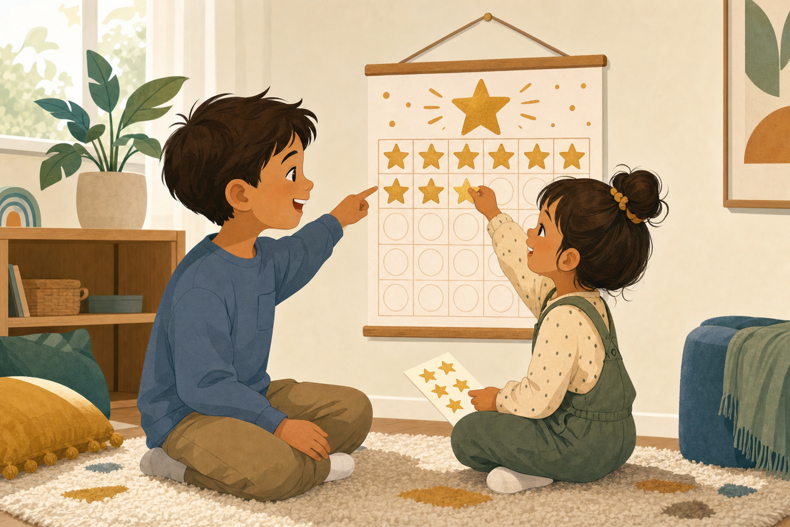 Flat illustration of two smiling siblings placing a gold star sticker together on a wall sticker chart, symbolizing cooperation and reduced sibling rivalry.