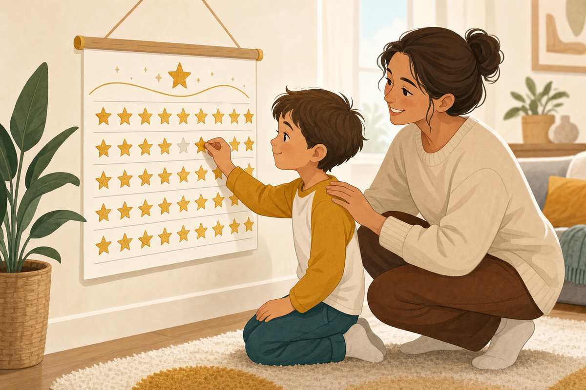 Illustration of a child placing a new sticker on the next day of a sticker chart after missing one day, encouraged by a supportive adult, symbolizing progress without restarting.