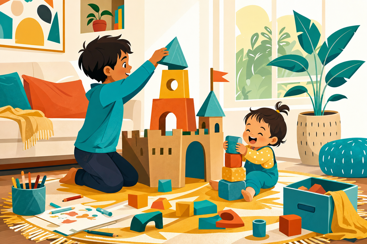 Flat illustration of two siblings of different ages playing together indoors, one building with blocks and a toddler stacking soft toys, in a cozy screen-free living room scene.