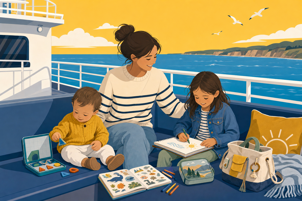Flat illustration of a parent and two young children enjoying screen-free activities like drawing and sticker books on a ferry deck, with a sky-blue and sunshine-yellow color palette.