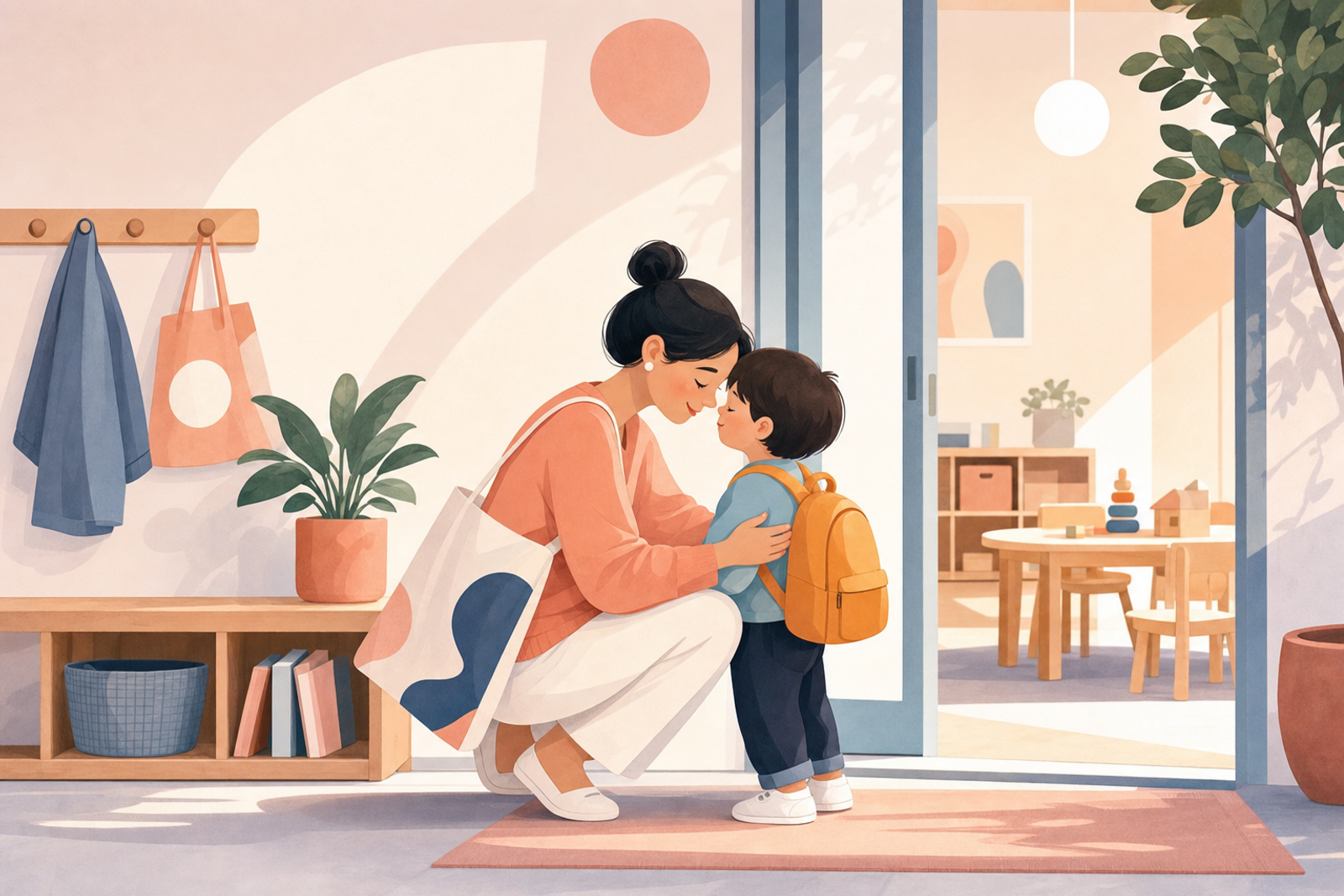 Parent gently hugging child at daycare entrance in a calm, reassuring goodbye moment