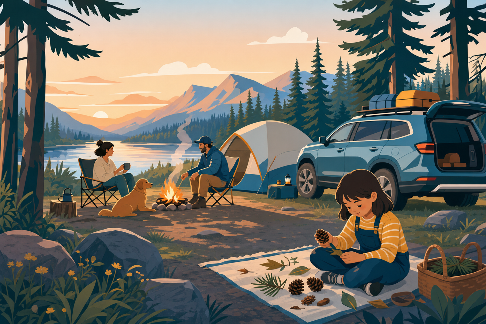 Flat illustration of a young child doing nature crafts near a tent and car at a peaceful campsite