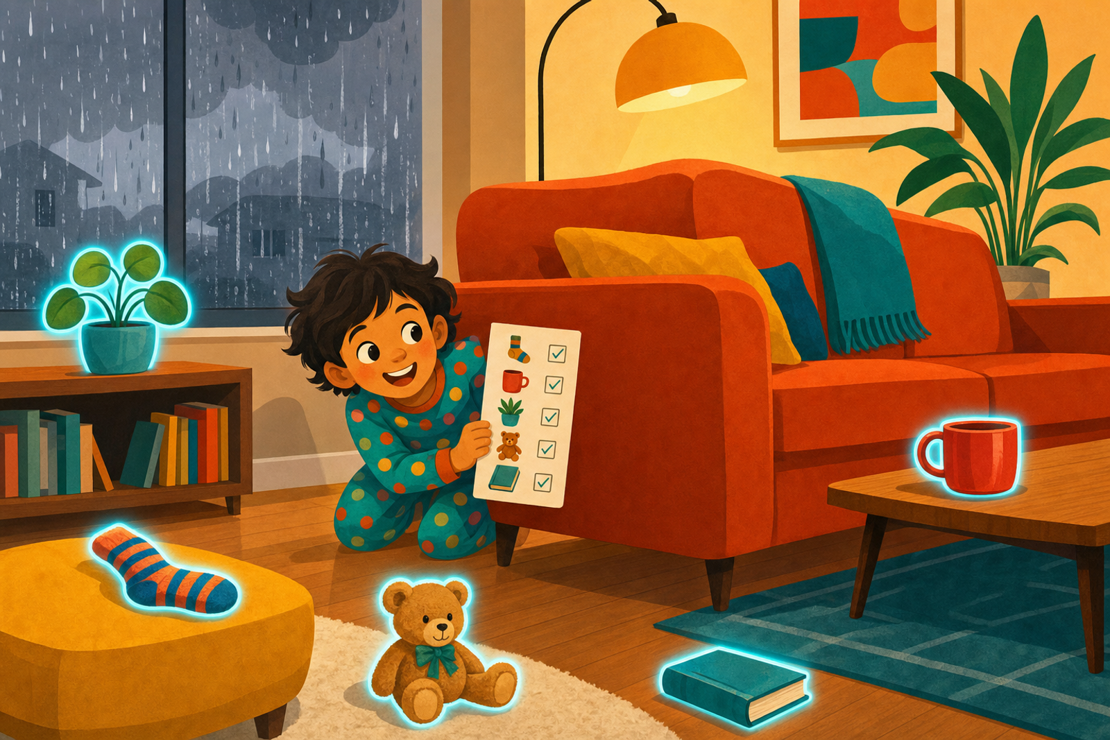 Flat illustration of a child excitedly searching a cozy living room for household objects highlighted in teal, representing a quick indoor scavenger hunt on a rainy day.