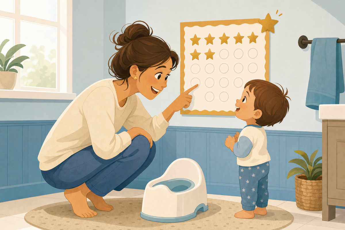 Flat illustration of a parent and toddler smiling beside a potty, looking at a sticker chart with gold star stickers on the wall, representing restarting potty training after a regression.