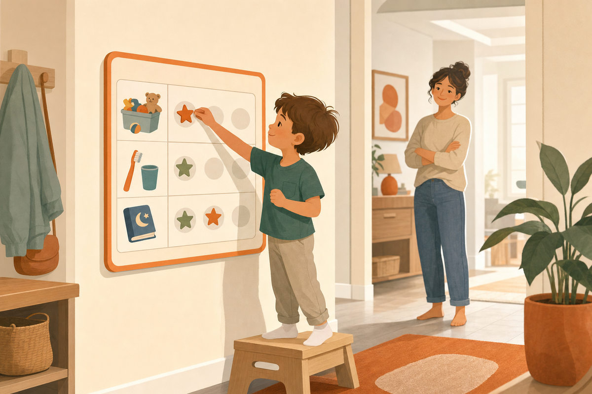 Illustration of a young child confidently placing a sticker on a simple chore chart while a parent watches calmly in the background.
