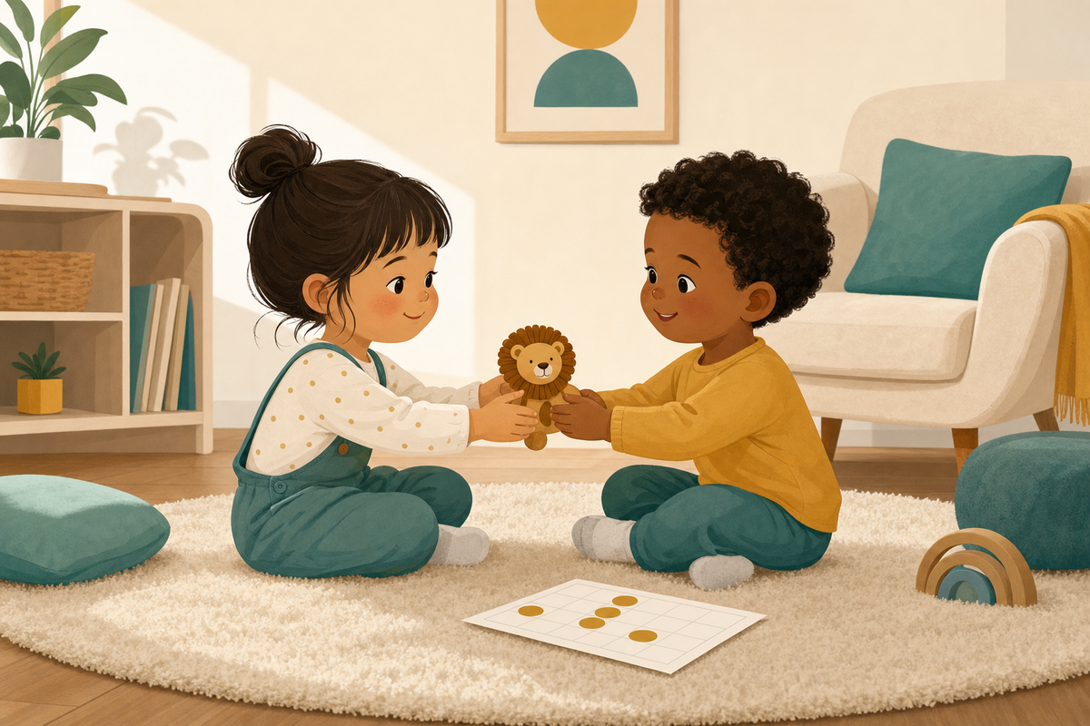 Flat illustration of two young children gently sharing a toy together beside a printable sticker chart with gold star stickers, representing a calm approach to teaching sharing and turn-taking for ages 3 to 5.