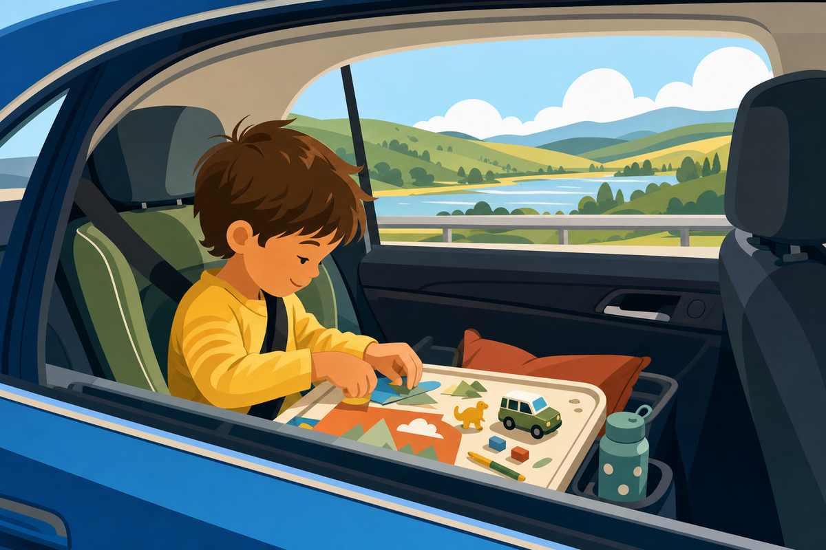 Child engaged with hands-on activities while sitting in car backseat during road trip