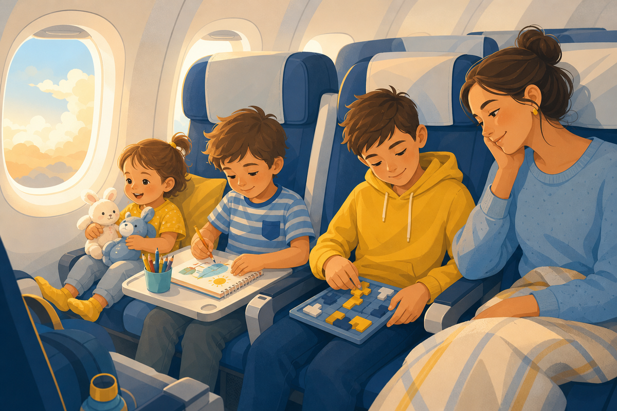 Flat illustration of three siblings of different ages happily playing with screen-free activities together in airplane seats while a parent looks on.