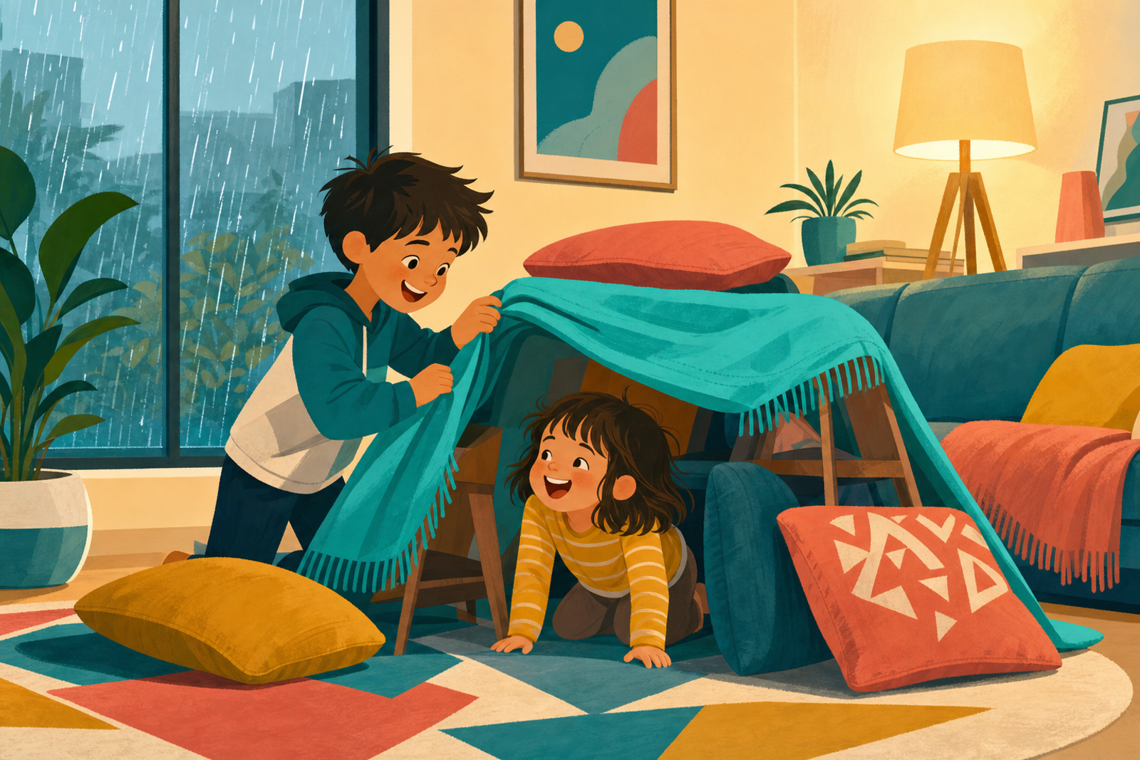 Flat illustration of two siblings building a blanket fort together in a cozy living room on a rainy day, with rain visible through the window in the background.