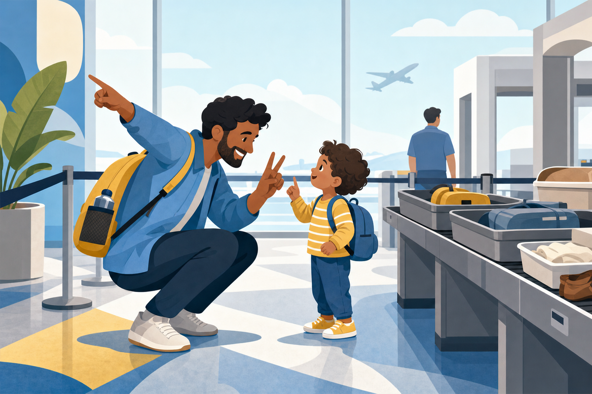 Illustration of a parent playing a simple screen-free game with a young child while waiting in an airport security line.