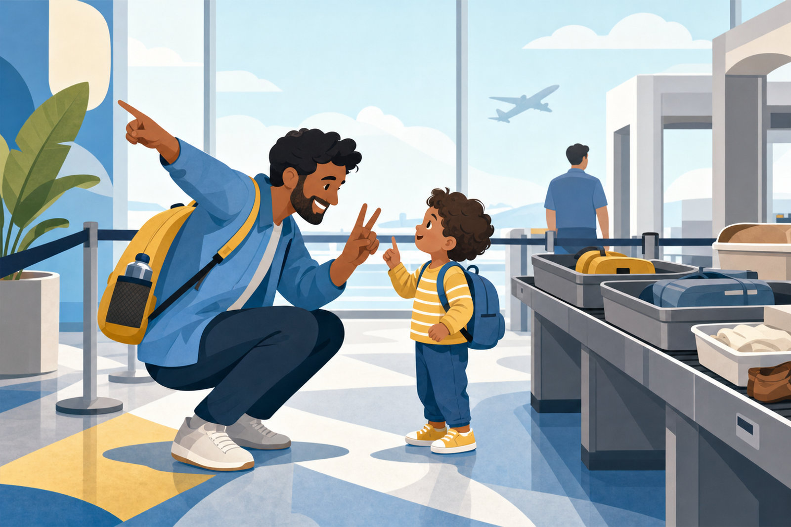 Illustration of a parent playing a simple screen-free game with a young child while waiting in an airport security line.