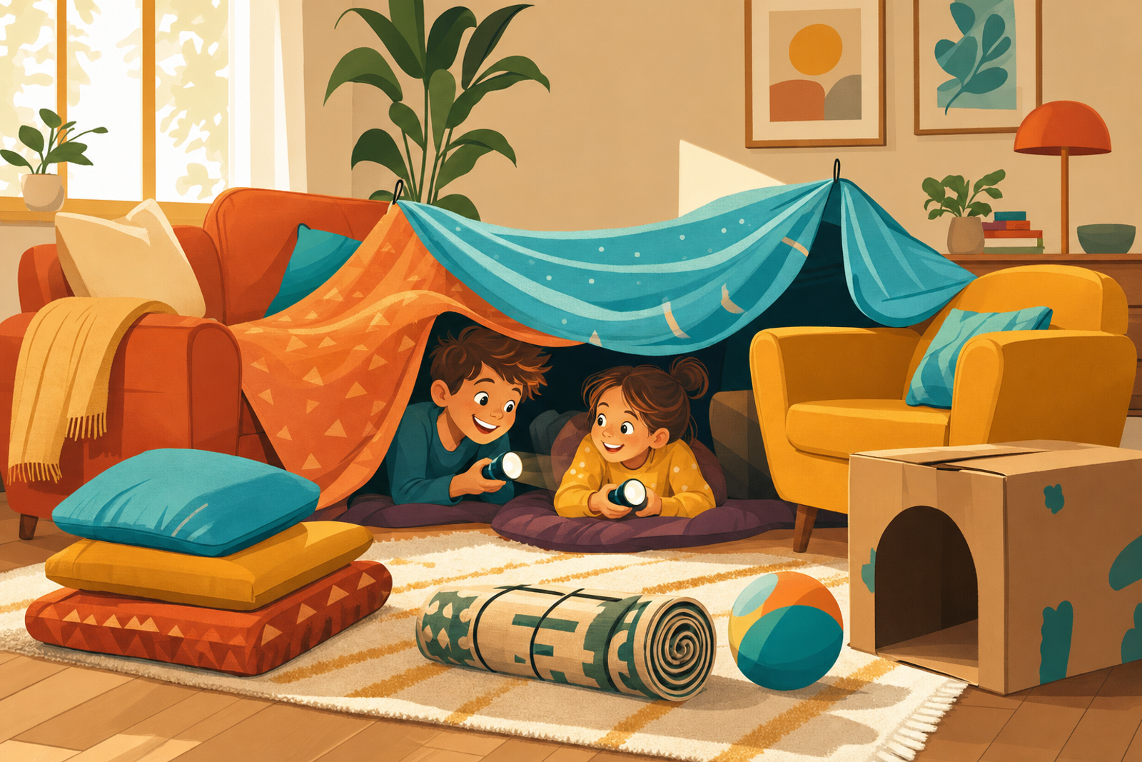 Flat illustration of two kids building a blanket fort with cushions and a flashlight in a cozy living room, representing screen-free indoor play ideas.