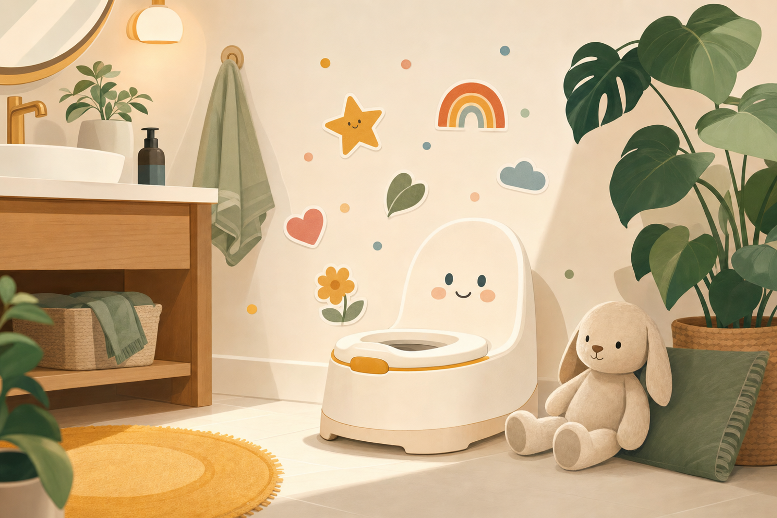 Welcoming bathroom scene with a friendly potty chair surrounded by encouraging stickers and a comfort toy, designed to feel safe and non-threatening for children with potty anxiety
