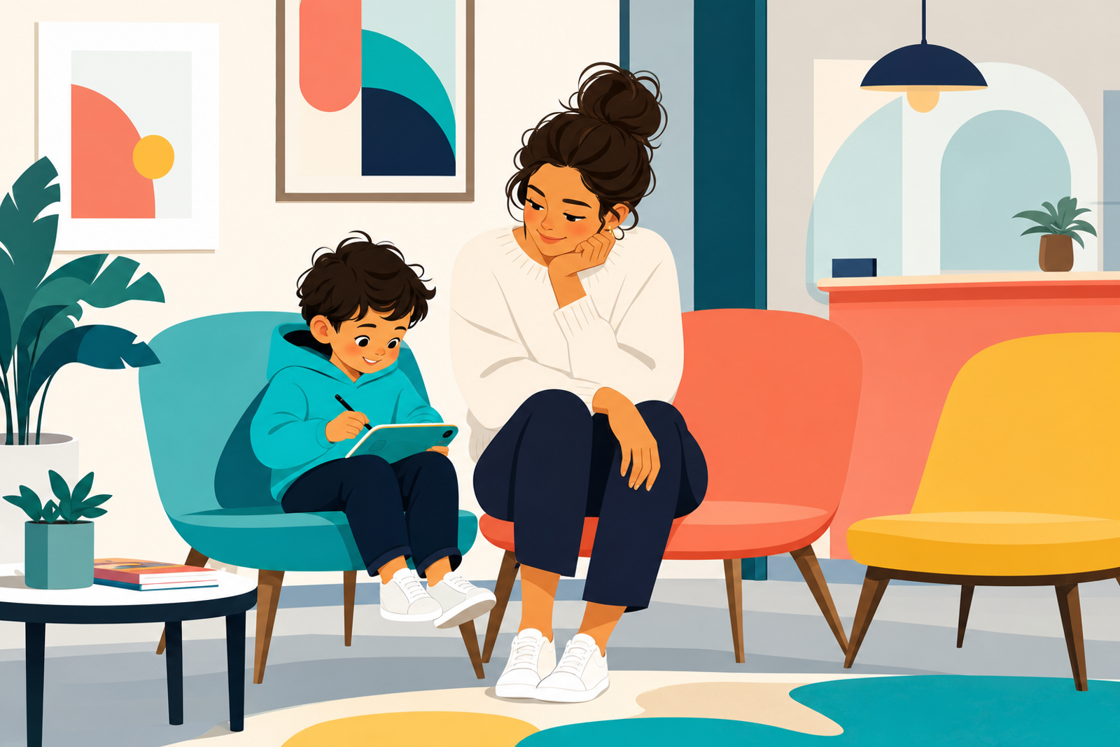 Parent and child calmly engaged in quiet activity together in a waiting room