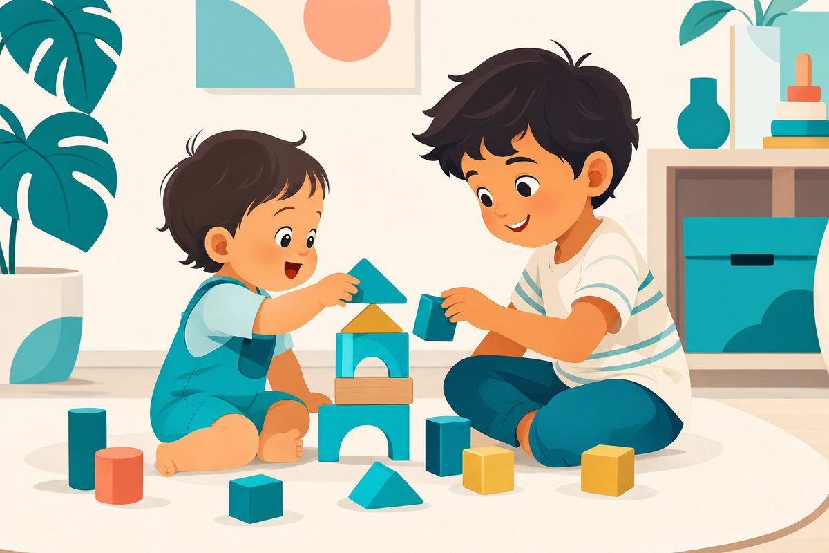 Illustration of a toddler and preschooler playing together harmoniously with toys in a clean, organized space