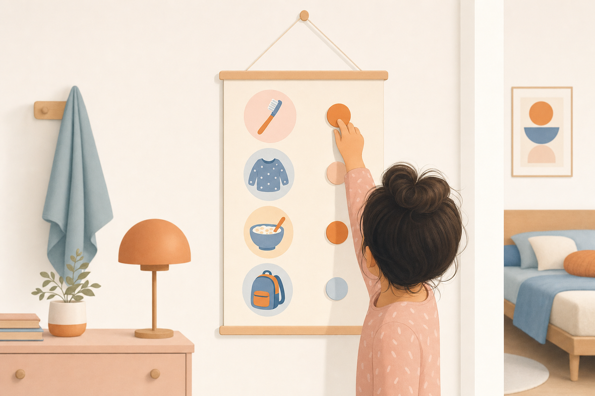 Flat illustration of a child interacting with a morning routine chart showing simple icons for daily getting-ready tasks