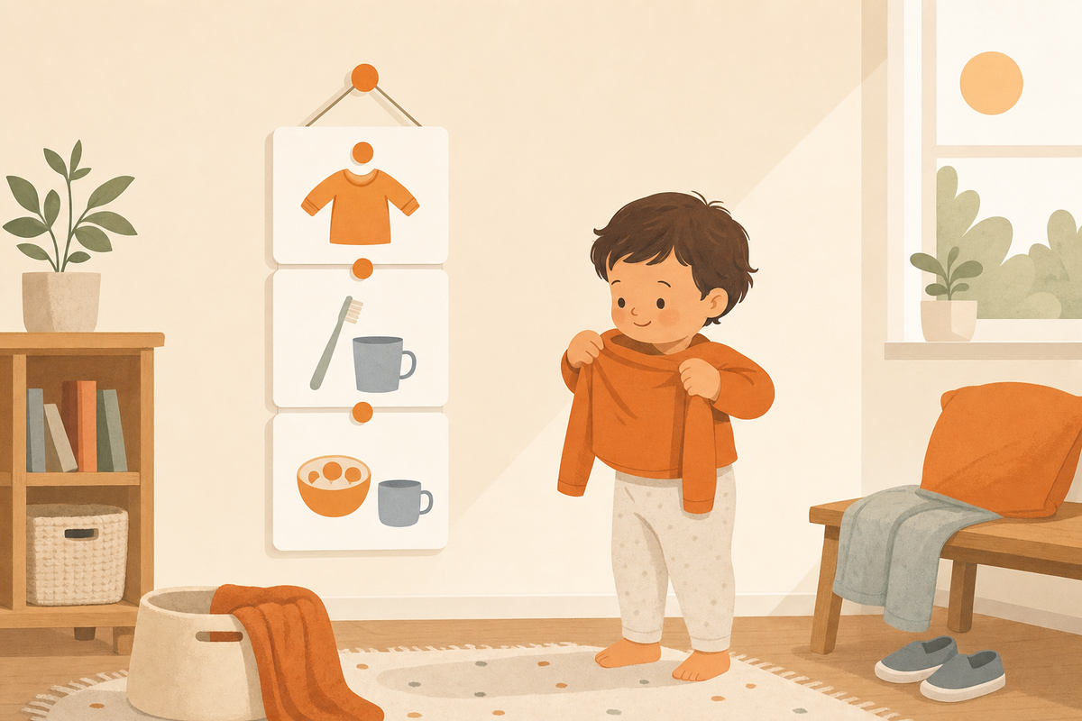 Illustration of a toddler following a visual routine chart with simple pictogram icons on the wall