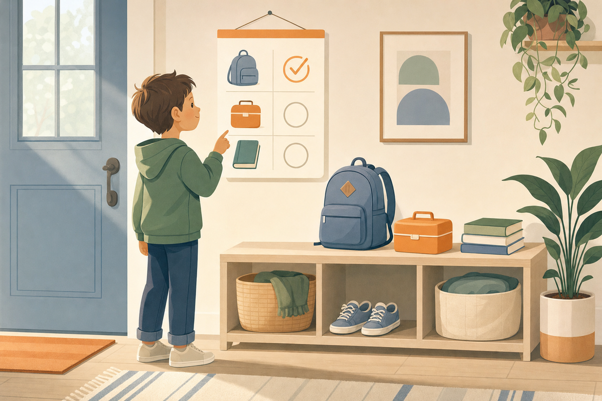 Flat illustration of a child checking a wall-mounted routine chart with icons for backpack, lunchbox, and library book near a tidy entryway.
